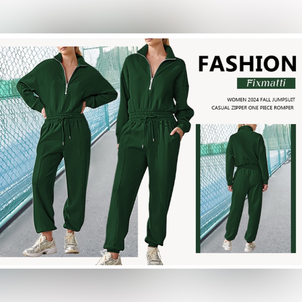 Fixmatti Zip Up Jumpsuits for Women Casual Long Sleeve Drawstring Waist Pockets